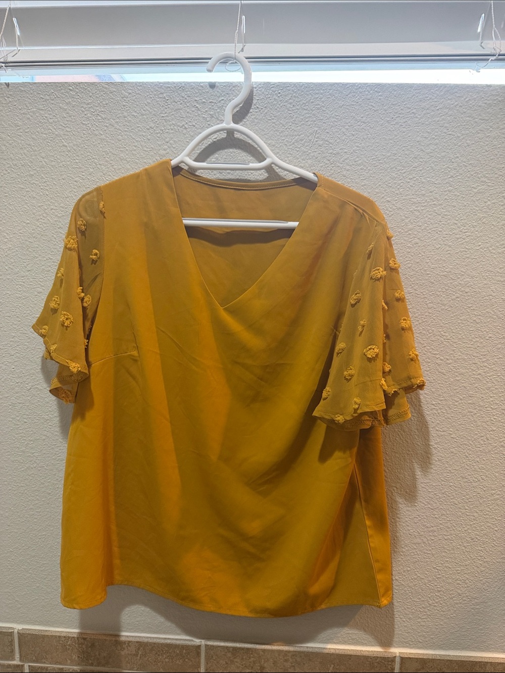 SHEIN Mustard Yellow V-Neck Flutter Sleeve Blouse
